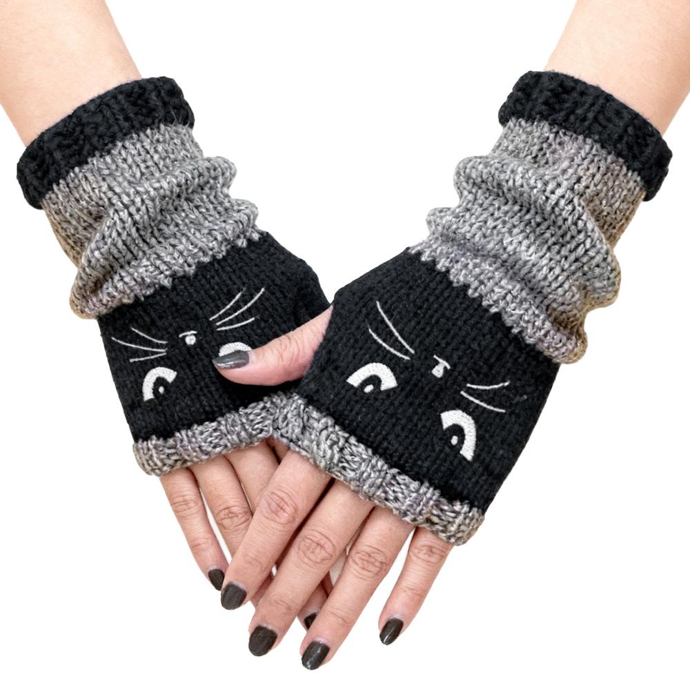 Katzenstickerei Patchwork Strickhandschuhe, Winterwarme Handschuhe, modische Fingerlose Freizeit-Damenhandschuhe Neujahrsgeschenke