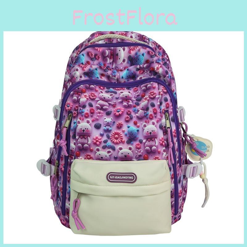 Capacity Large Student Backpack With Bear And Flower Print Design For Daily