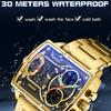 Gold Großes Zifferblatt Drei Zeitzonen Herren Armbanduhren Edelstahl Herren Sport Digital Militär Quarz Uhr Leuchtende Herrenuhr