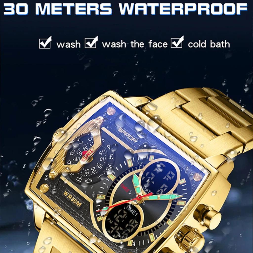 Gold Großes Zifferblatt Drei Zeitzonen Herren Armbanduhren Edelstahl Herren Sport Digital Militär Quarz Uhr Leuchtende Herrenuhr