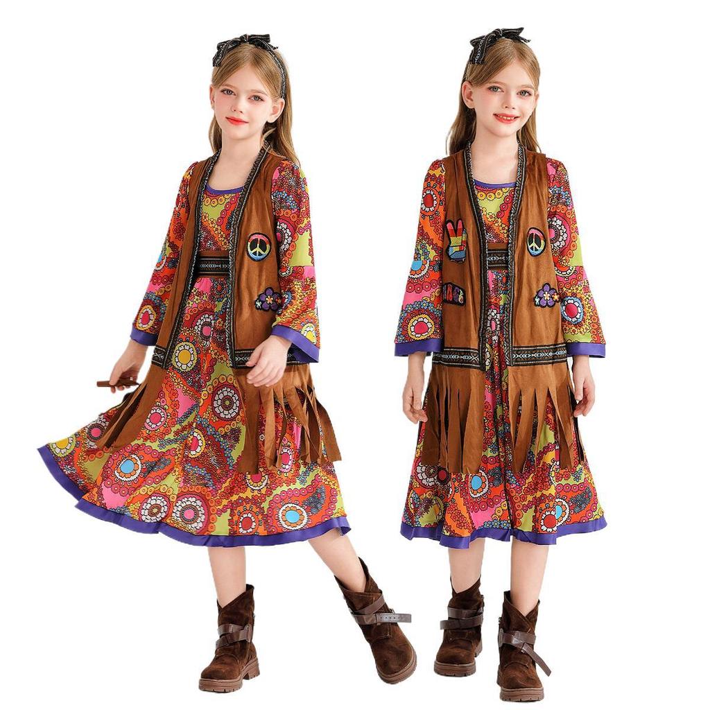 Halloween Kids Costume Little Girl Vintage Hong Kong Style Hippie 6070s Costume Carnival Dress
