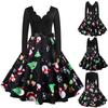 Women Vintage Long Sleeve Christmas 1950s Housewife Evening Party Prom Dress