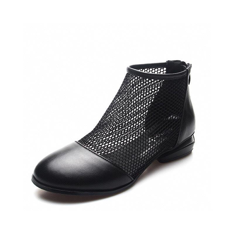 Summer new black first-layer cowhide mesh boots round head comfortable flat-soled women's shoes breathable mesh Roman cool boots