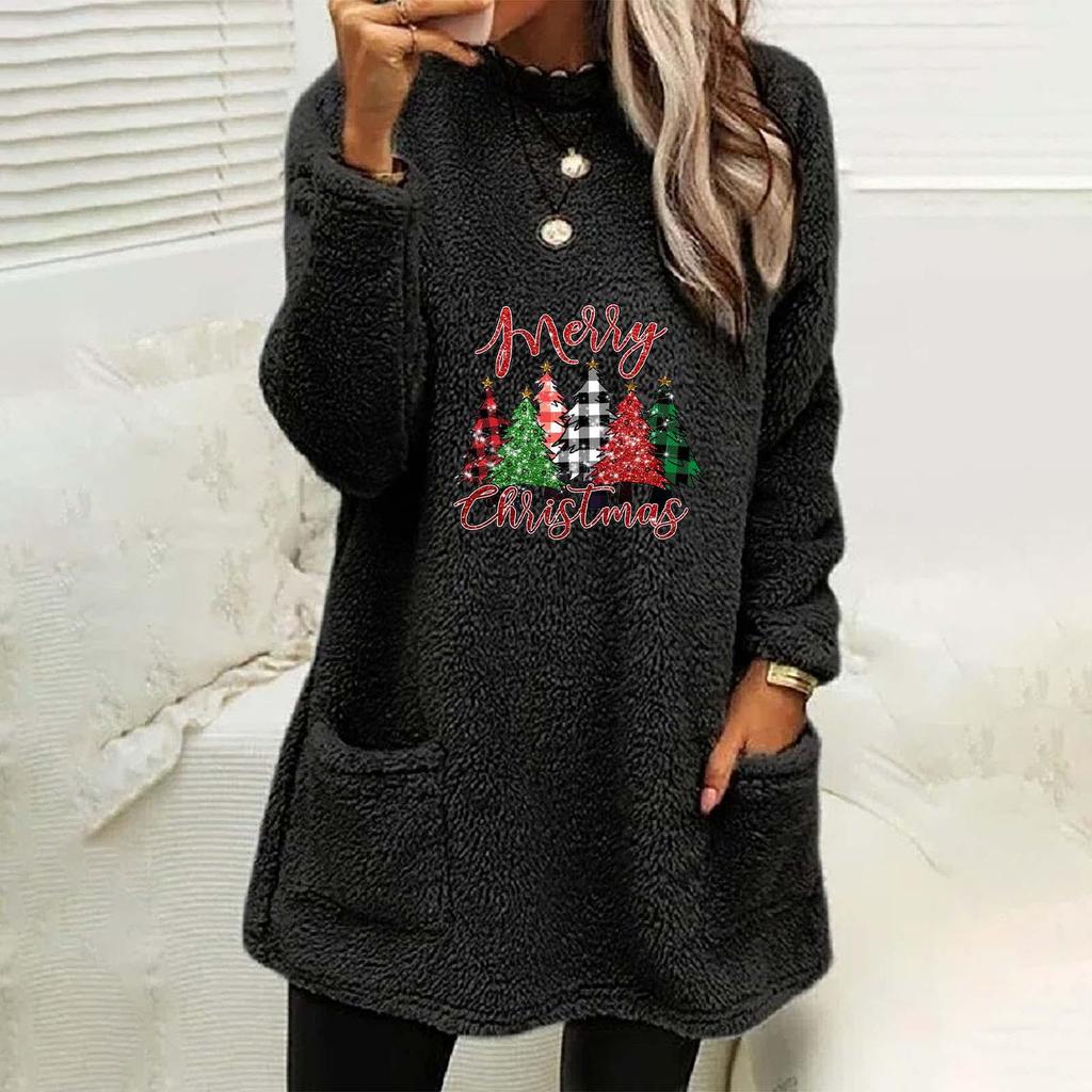 Women's Christmas Tree Print Plush Hoodie - Round Neck, Long Sleeve, Loose Fit, with Pockets. Perfect for Autumn/Winter.