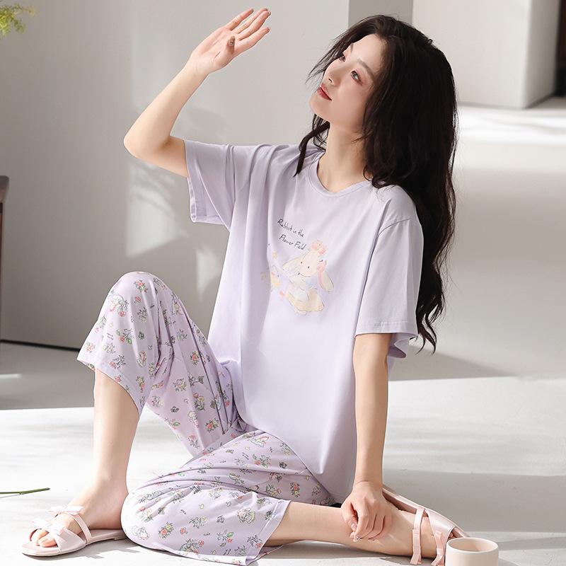 Pajamas women's summer thin Modal cotton short-sleeved cropped pants 1011 new floral loungewear cotton and silk suit