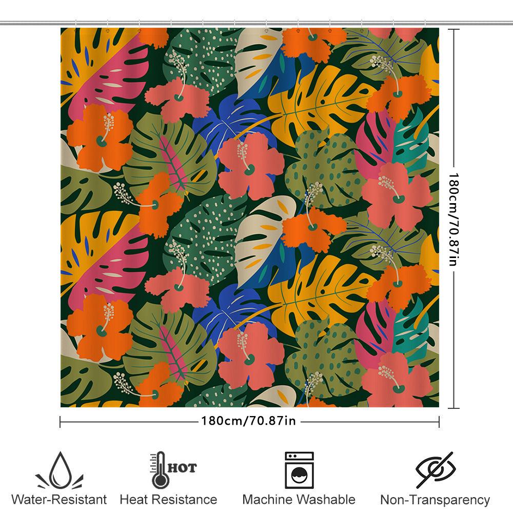 Vibrant Tropical Floral Shower Curtain For Bathroom Decor Green Leaves Pink Flowers Printed Fabric Bath Mat With Hooks Size: 69X