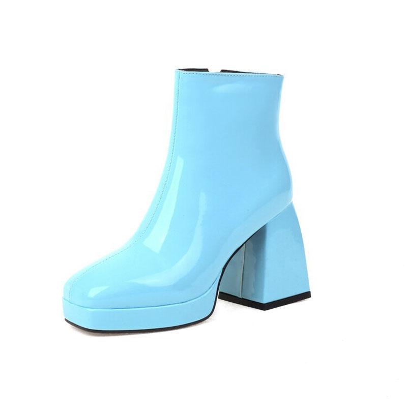 Bonbonfarbene Damenstiefel Kundenspezifische eckige Zehen Lackleder Hohe Absätze Stiefeletten Damen Plateau-Schuhe Winterpumps Botas WSH4986