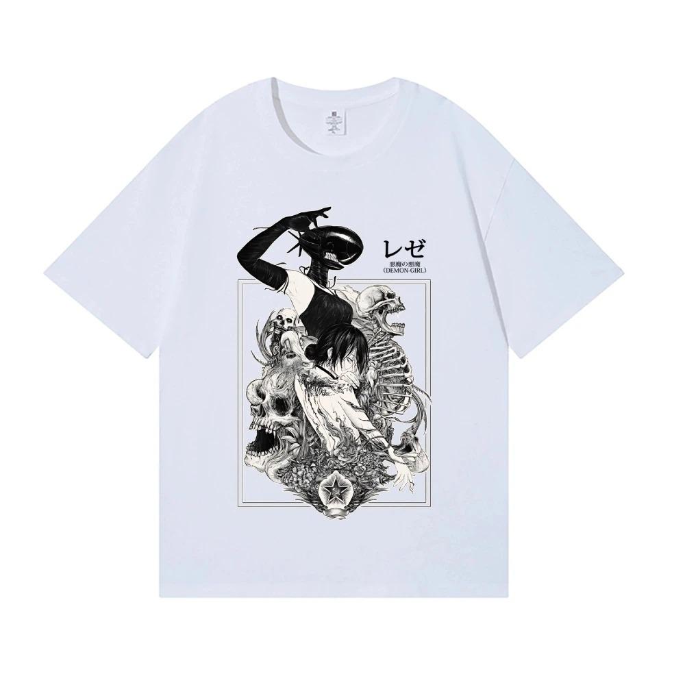 Kettensägenmann Reze „Bomben Teufel“ Schwarz-Weiß-Druck Übergroßes Anime Streetwear T-Shirt für Damen und Herren