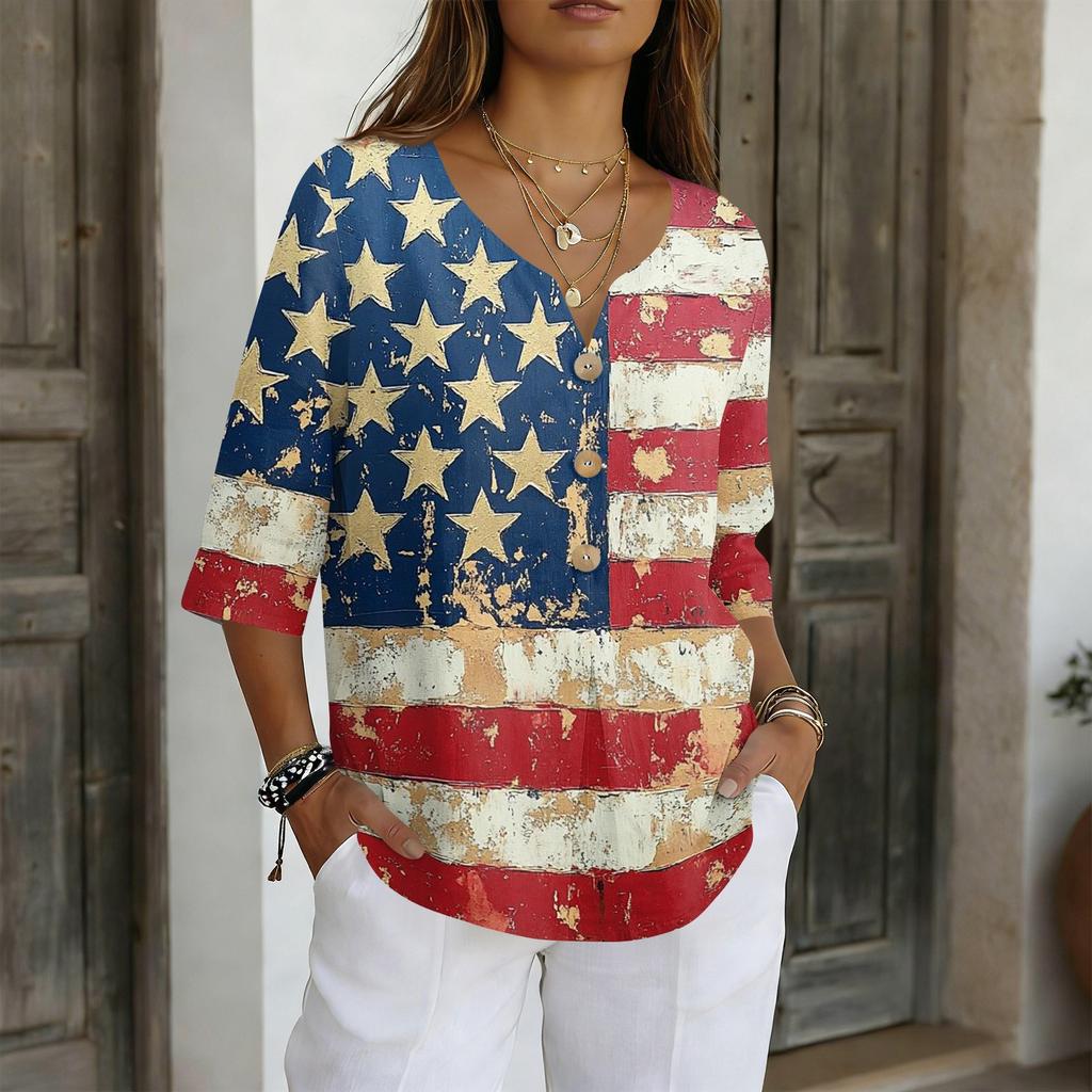 Women's V-Neck Button Three-Quarter Sleeve Casual Independence Day Print Pullover T-Shirt