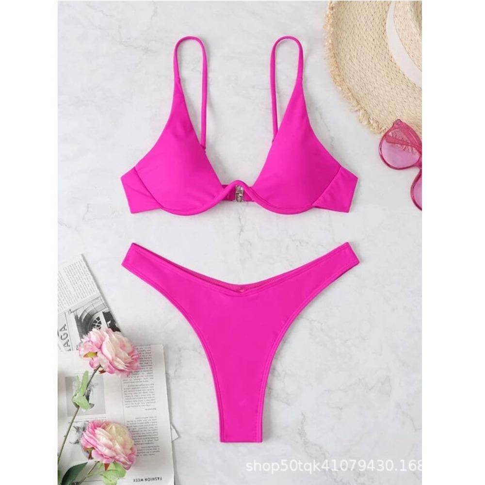 European and American Sexy Bikini Split Gathering Steel Tray Solid Color Swimsuit