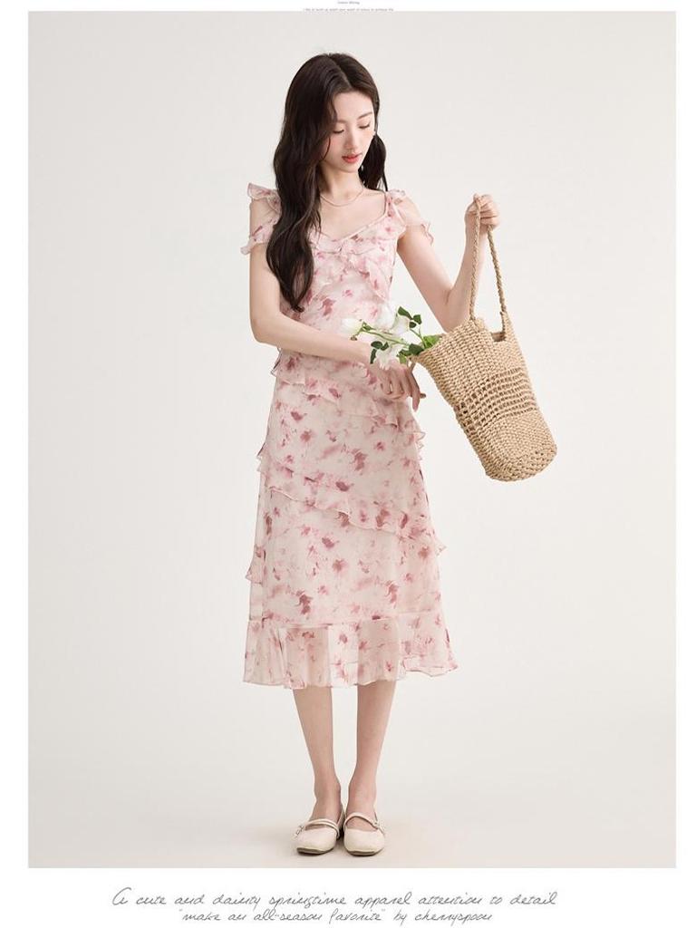 Women's French Retro Floral Spaghetti Strap Ruffle Dress - Petite, Summer Beach Vacation