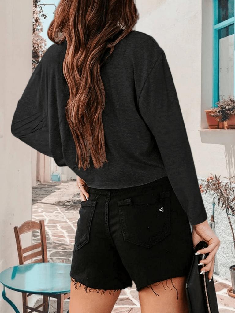 Women's Drop Shoulder Long Sleeve Crop Top Crew Neck Loose Casual Tee