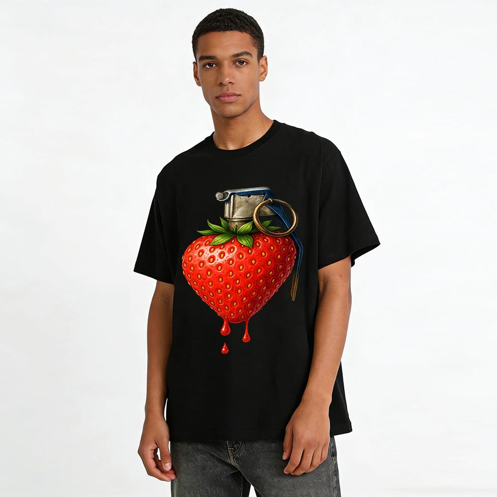 Weird Strawberry Grenade Graphic Print T-shirt Unisex Trendy Casual Loose Short Sleeve Top Pure Cotton T-shirt