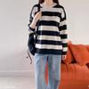 New Arrivals Open Run Women Color Stripe Round Neck Long Sleeve Knit Mini Pocket