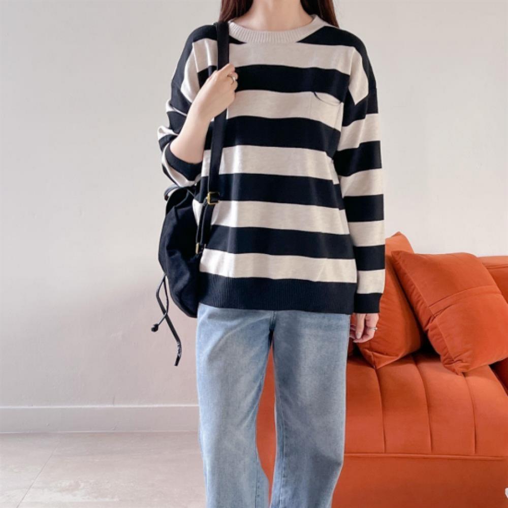 New Arrivals Open Run Women Color Stripe Round Neck Long Sleeve Knit Mini Pocket