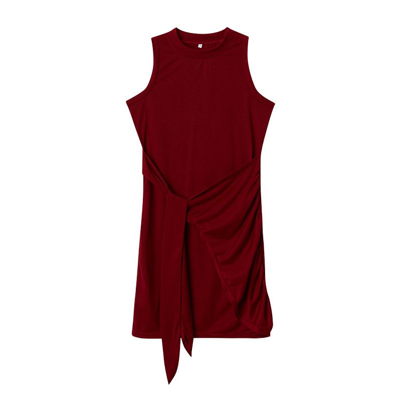 Women Sleeveless Round Neck Dress Pleated Bow Belt Irregular Hem Minimalist Elegant Chic Wear