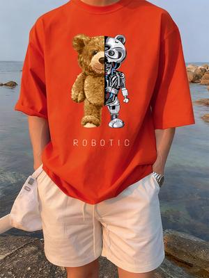 Plush And Robotic Bear Printing TShirts Womens Cotton Summer Tops Loose Soft ONeck Short Sleeve Tees Casual Womans Clothes