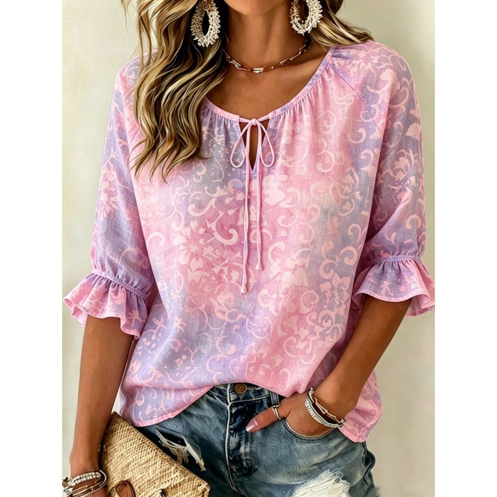 Women's Pastel Gradient Damask Scroll Print Tie Neck Blouse, Ruffle Half Sleeve Elegant Top for Daily Wear