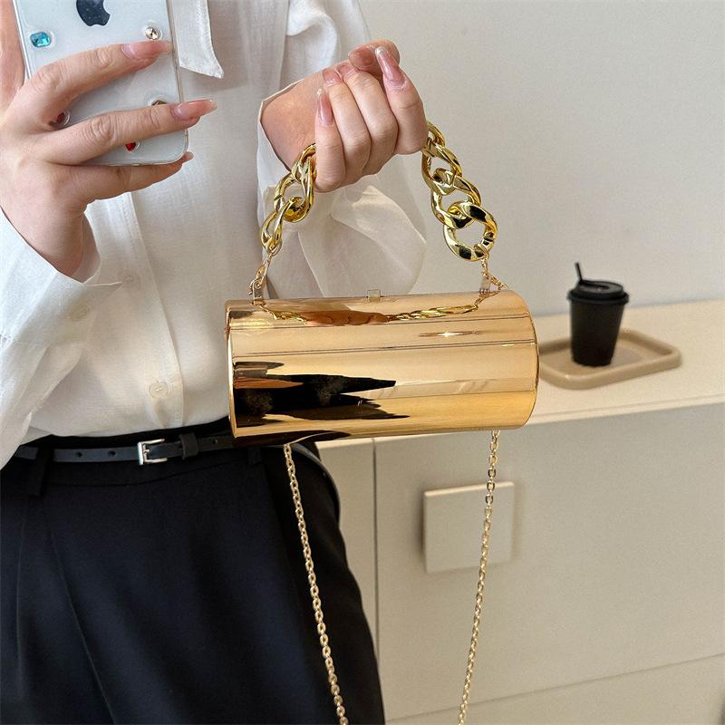 Acrylic cylinder bag 2025 European and American fashion patent leather glossy shoulder bag ins women's thick chain handbag