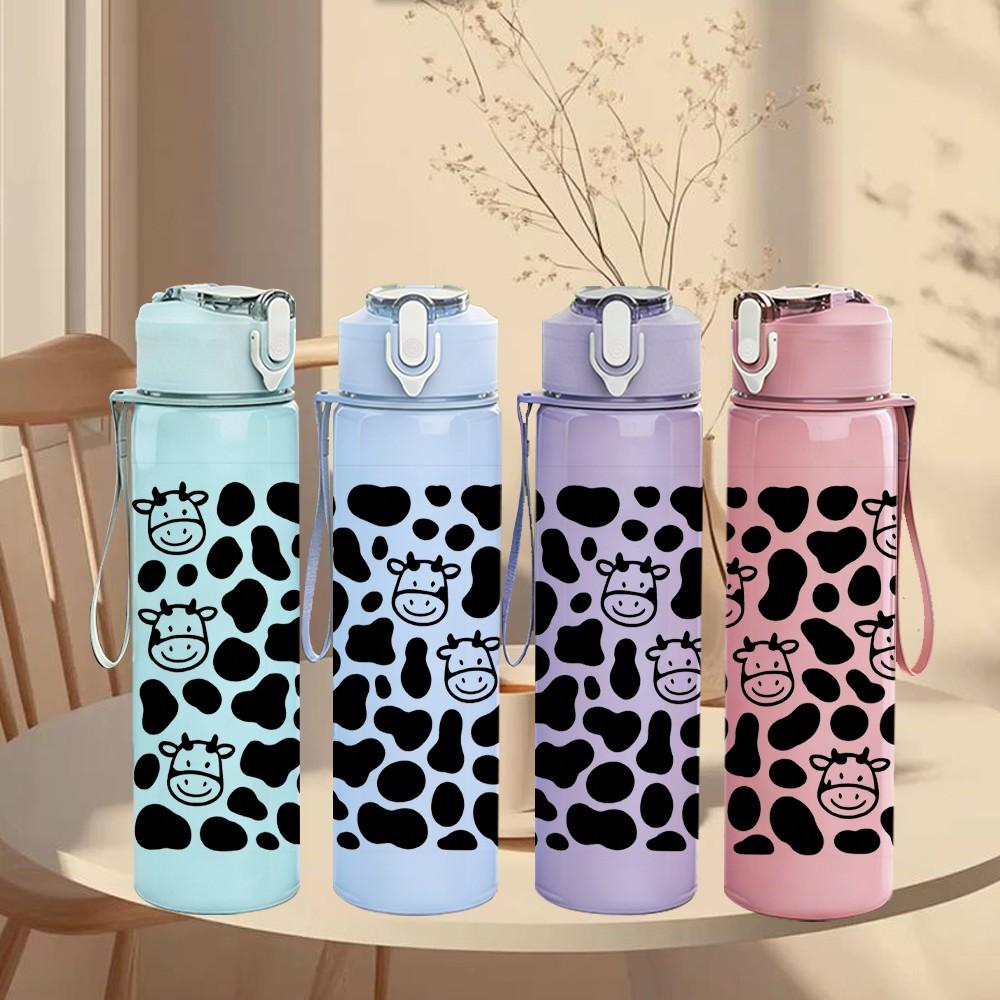 1PC Black White Cow Head Pattern 750ml Color Plastic Sports Water Bottle Leakproof Flip Straw Lid Suitable for Sports Office Home Use