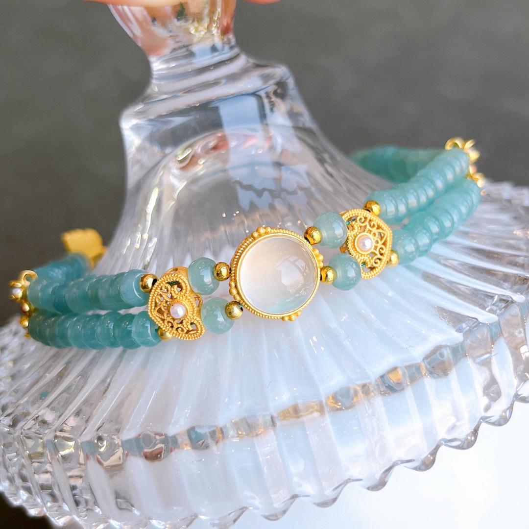 Natural A-Grade Jade Blue Water Abacus Bead Bracelet with 925 Silver Plated Gold Accessories in Chinese Style