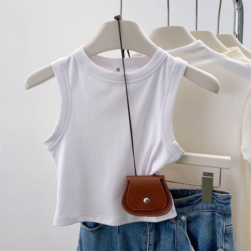 G Odell cotton, summer solid color basic wide shoulder strap versatile slim short sleeveless vest T-shirt women