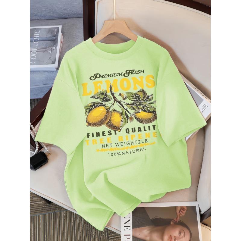 Lemons Fruits Premium Print Women's Loose Cotton Sportswear Round Neck Casual T-Shirt Loose Y2k Fresh Short Sleeve