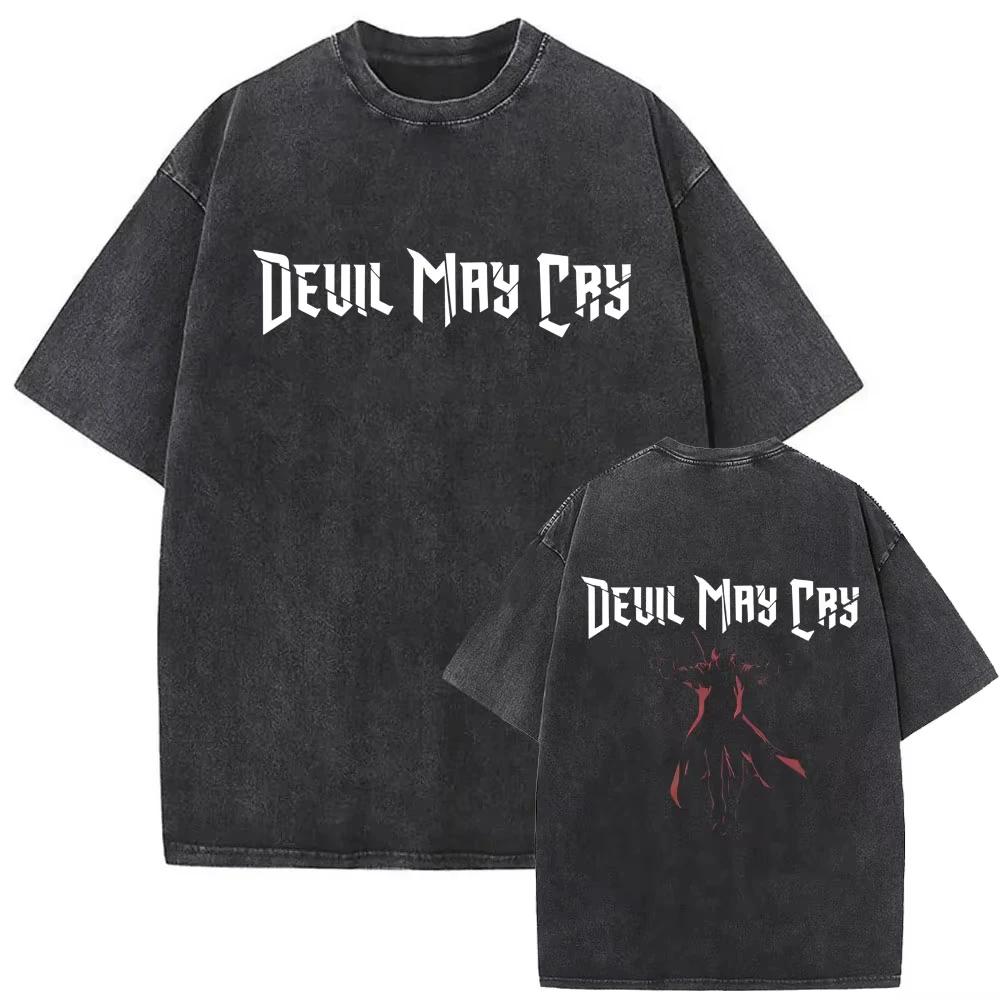 Game Devil May Cry Dante Vintage Acid Washed T-shirt Men Gothic Retro Fashion Short Sleeve T Shirts Male Hip Hop Streetwear