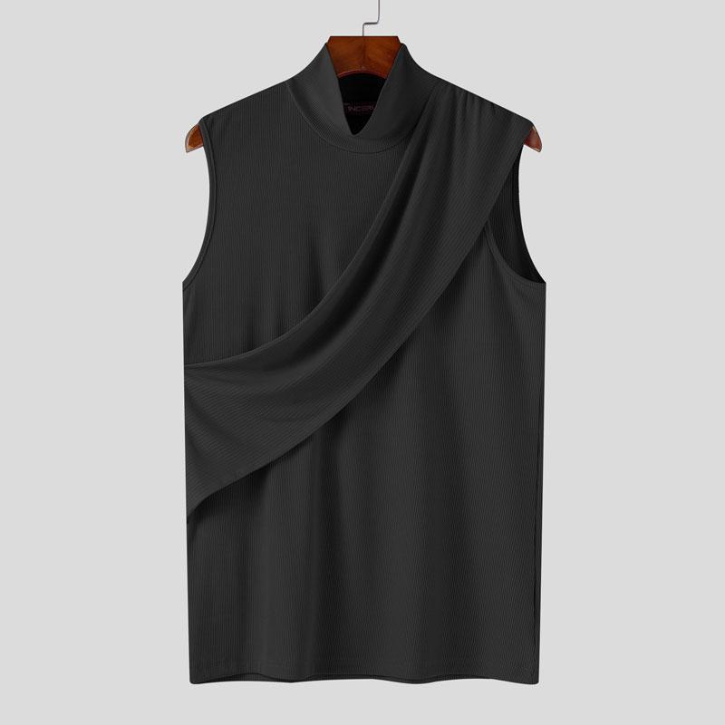 INCERUN Summer Men High Neck Sleeveless Front Cross Rib Skinny Tank Tops T-shirts