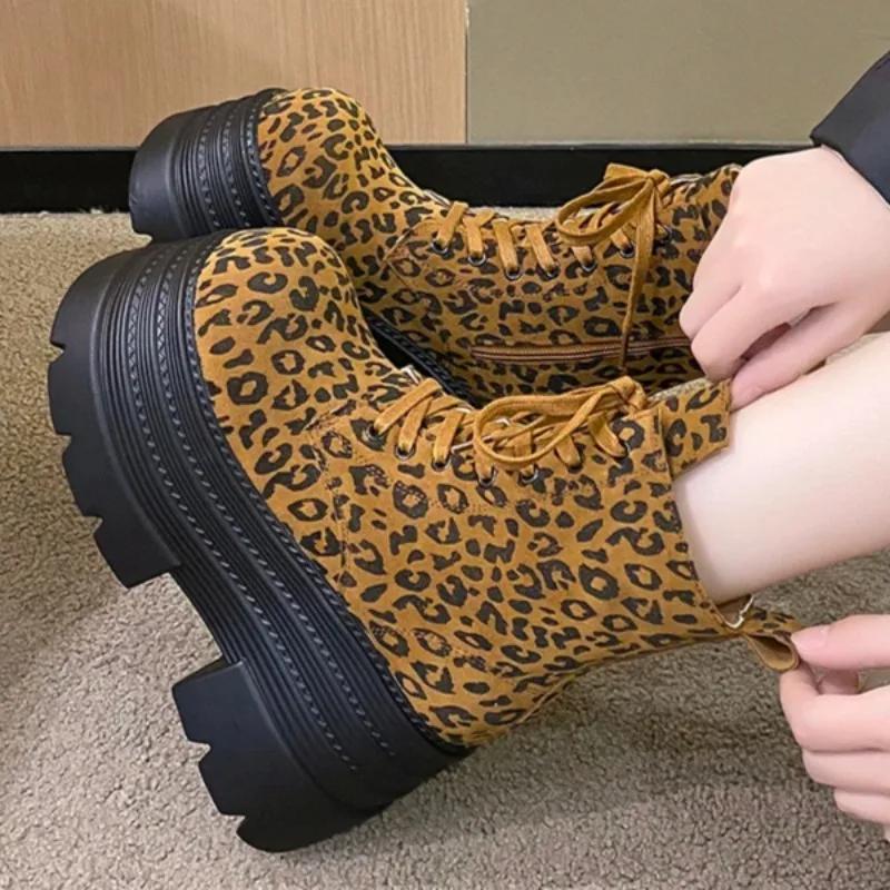 Leopard Platform Women Ankle Boots Super High Heels Designer Winter Suede Snow Shoes 2025 Trend Woman Autumn Lace Up Botas Mujer