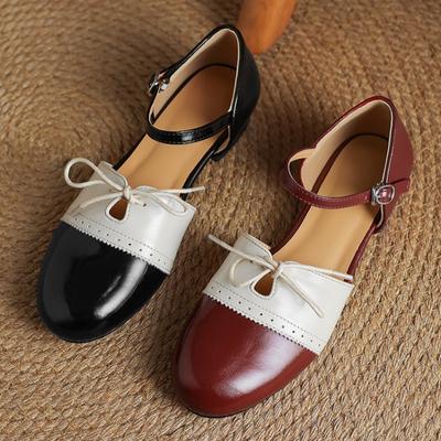 Fashion Retro Burgundy Low Heel Pumps Women Fashion Mixed Colors Blocking Sewing Ankle Buckle Designer Shoes Elegant Comfort Dress Shoes