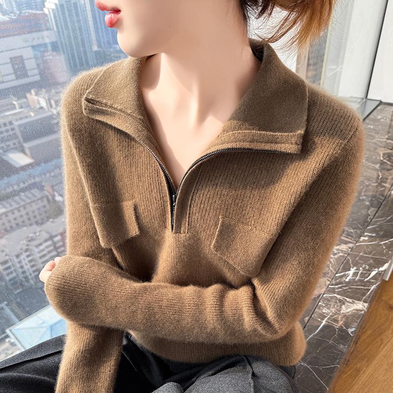 Women's Pure Wool Rib Knit Half Zip Sweater - Autumn/Winter Collection