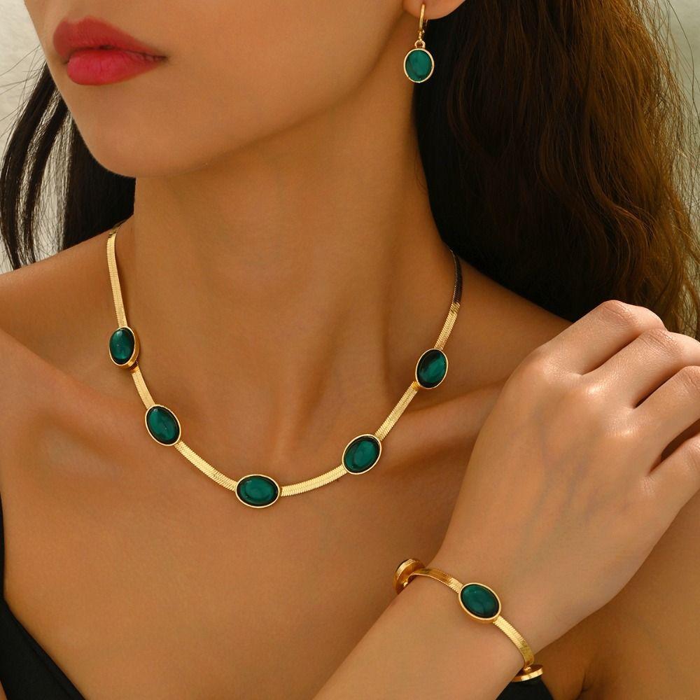 4Pcs Vintage Necklace Earrings Set Bracelet Crystal Jewelry Suit Green Rhinestone Jewelry Set  Party