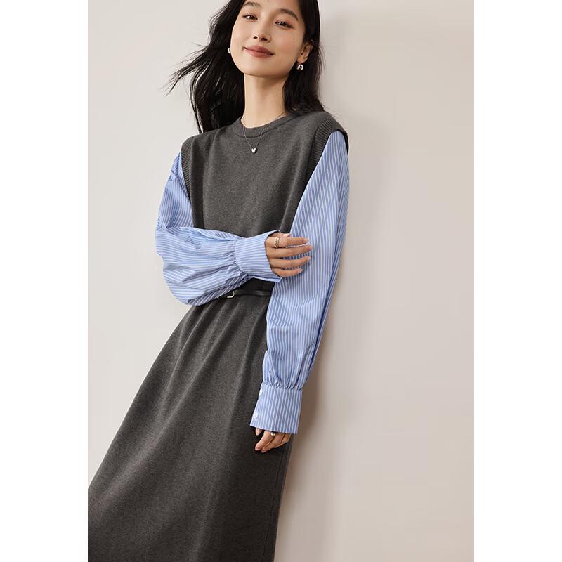 VICTORIA&VERA Women's Faux Two-Piece Slit Midi Shirt Dress