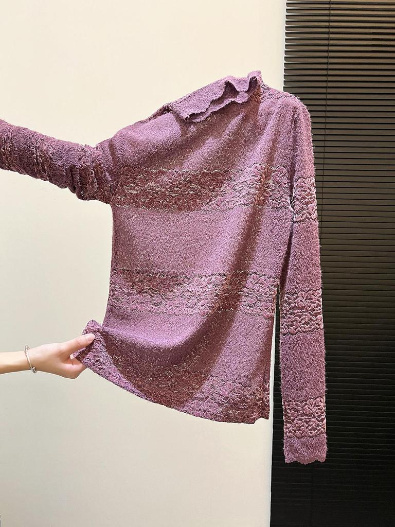 Gradient Lace High-Neck Long Sleeve Top - Chic Autumn/Winter Layering Cover-up