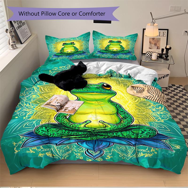 3pcs Meditation Frog Bedding Set - 1 Duvet Cover + 2 Pillowcases(Core Not Included), Machine Washable Polyester Yy251216167