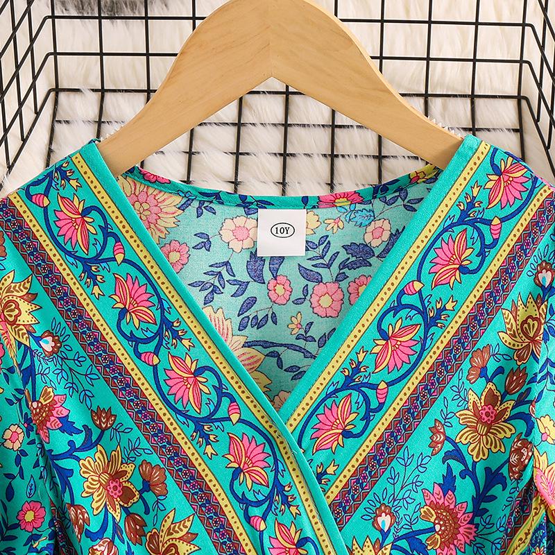 Girls' Fashion Dress 2025 Summer Children's Printed V-neck Loose Short Sleeve Waist Dress