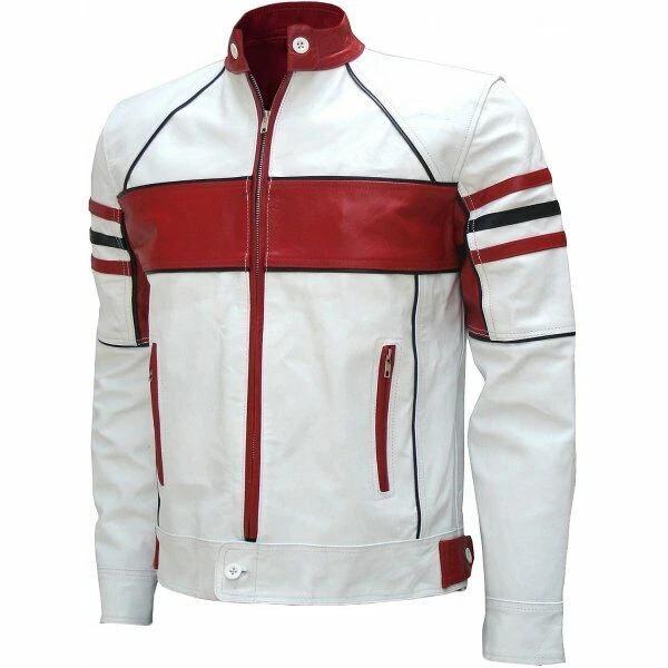 Classic Wear Party Jacket Men Lambskin Handmade Leather Slim Fit White Casual Biker