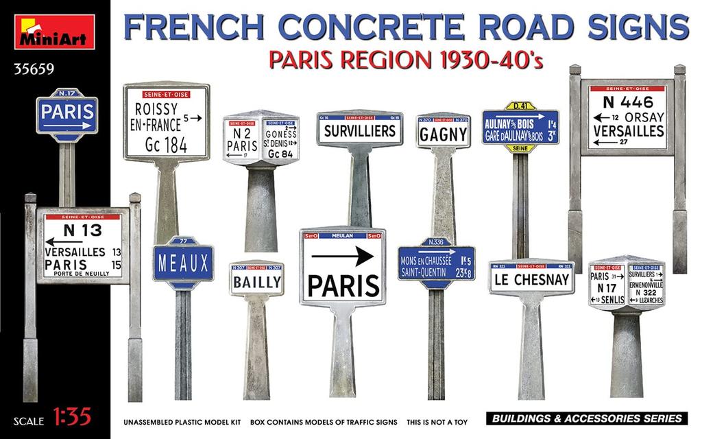 Miniart Scale French Pavement Road Sign Paris Plastic Model Kit MA35659 1/35 Set, 1930-1940, Region,
