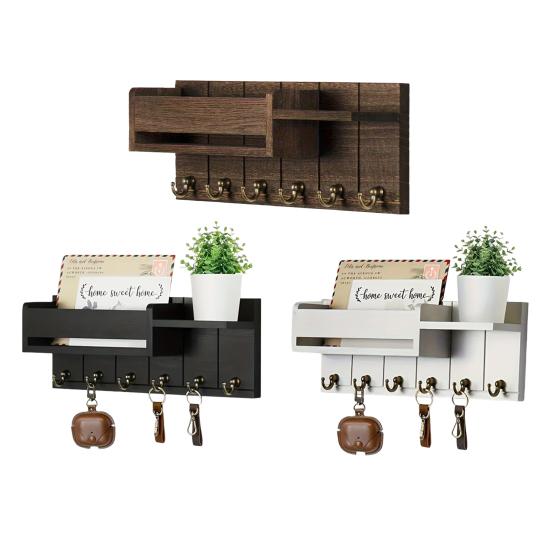 Wooden Home Key Holder with 6 Hooks Open Shelf Rustic Wall Mount Key Organizer Multi-purpose Home Office Entryway Decorative Key Hanger