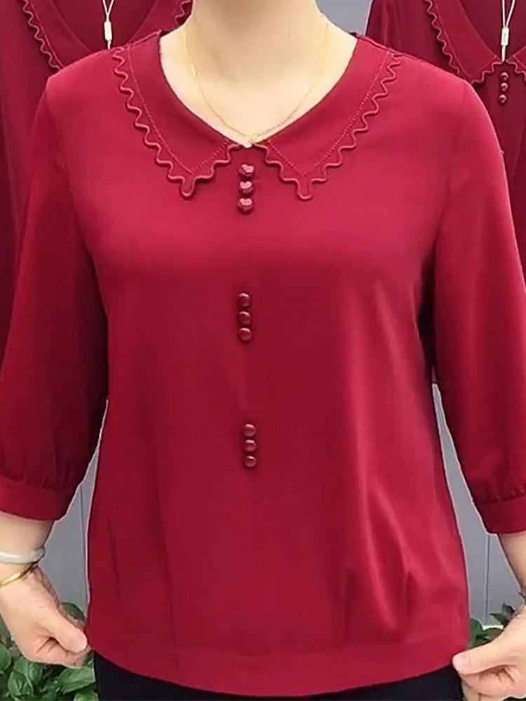 

Spring and summer silky wavy collar top large size pullover loose fashion age-reducing long-sleeved solid color top M бордовый