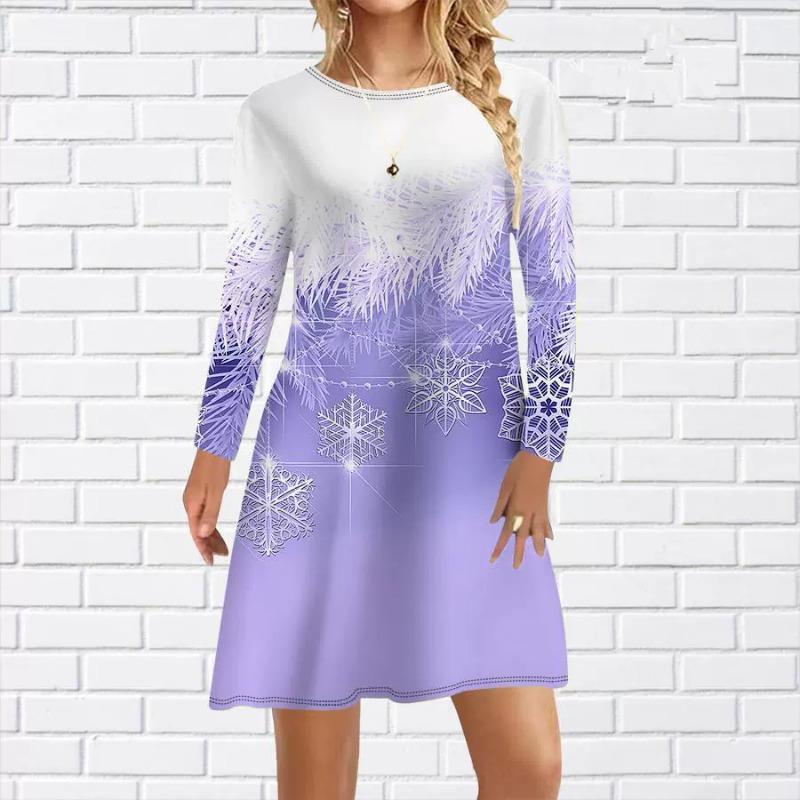 Fashion Gradient Snowflake Pattern Women Mini Dresses Autumn Winter Long Sleeve 3D Printed Christmas Ladies Dress