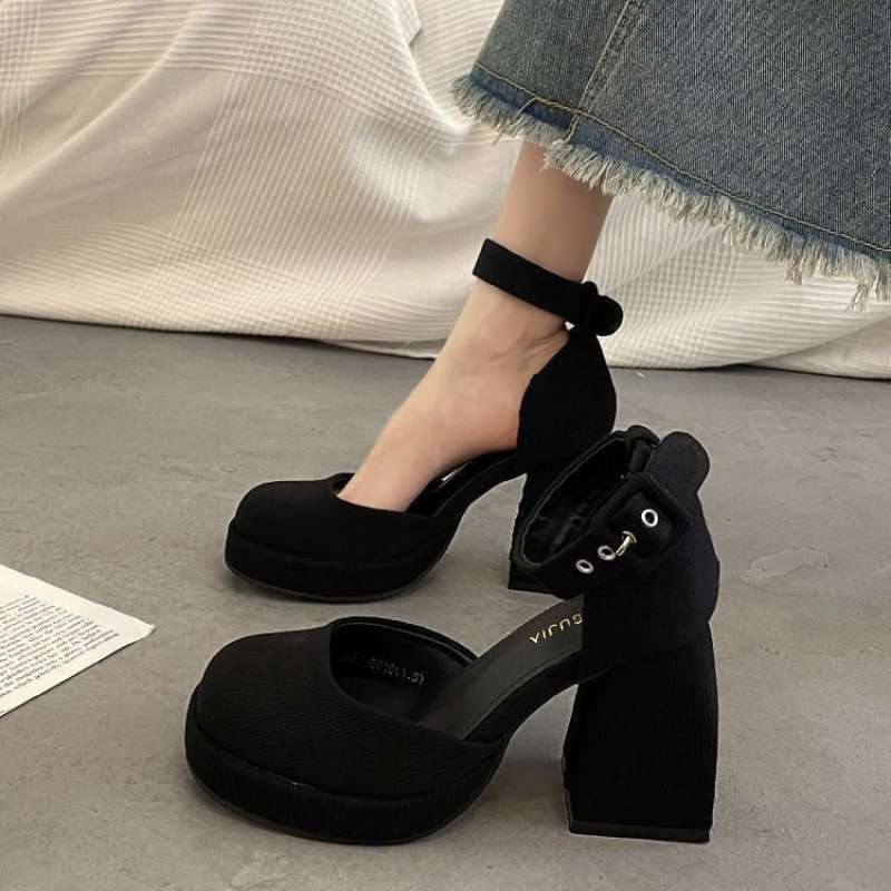 Small high-heeled thick-heeled Mary Jane shoes women's waterproof table hollow bag head sandals spring 2025 new pink