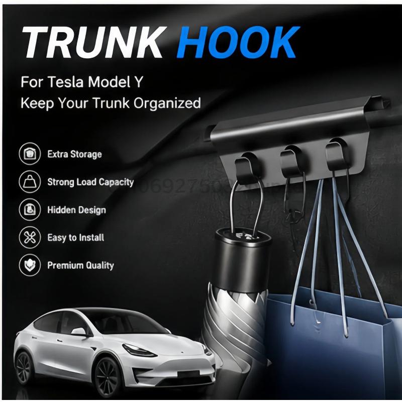 For Tesla Model Y YL Juniper Rear Trunk Hook Seat Button Cargo Grocery Shopping Bag Holder Umbrella Hanger Storage Accessories