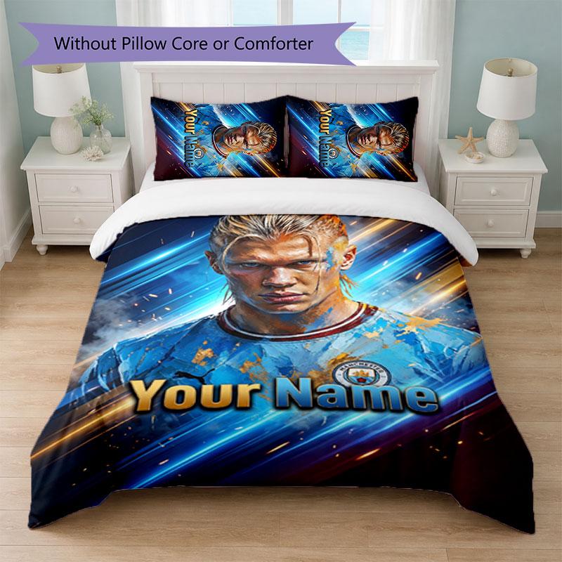 Set Biancheria da Letto Personalizzato con Nome Erling Haaland 1 Copripiumino + 2 Federe Logo Calcio Regalo Personalizzato per Occasioni Speciali Decorazione Camera da Letto