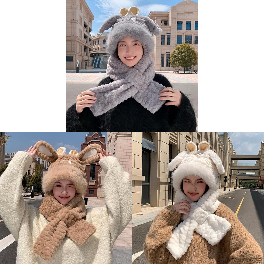 Plush Bunny Earmuff Hat With Neck Warmer For Winter Kids Outdoor Fun