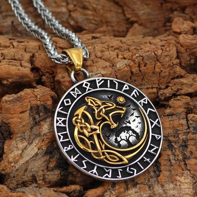 Hot Selling Nordic Viking Wolf Head Rune Pendant Men's Long Necklace