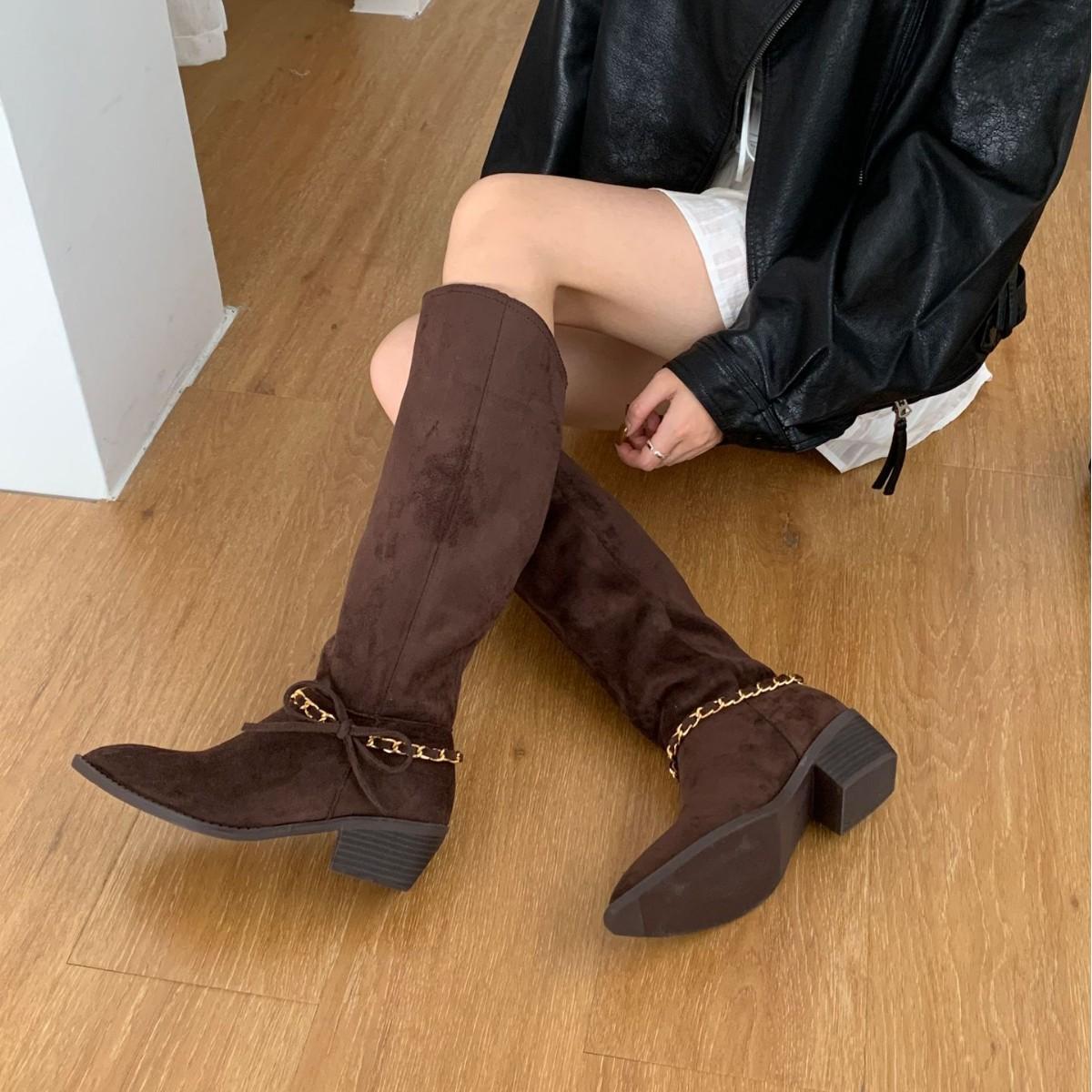 

2025 new pointed belt buckle tall tube thin suede fashion Martin Chelsea western women s boots 39 хаки