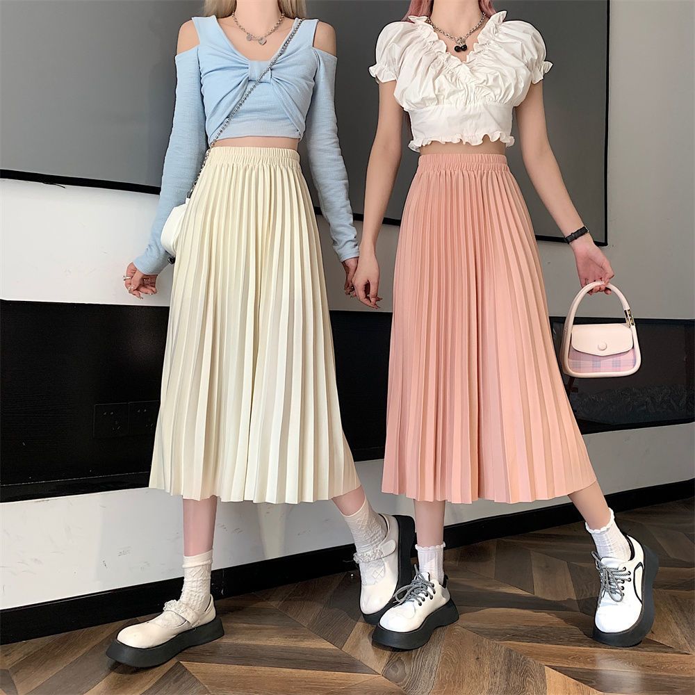 Luxury Long Pleated Skirts for Women Spring New Elegant Office Ladies Chic Elastic Band Fashion A Line Midi Skirt