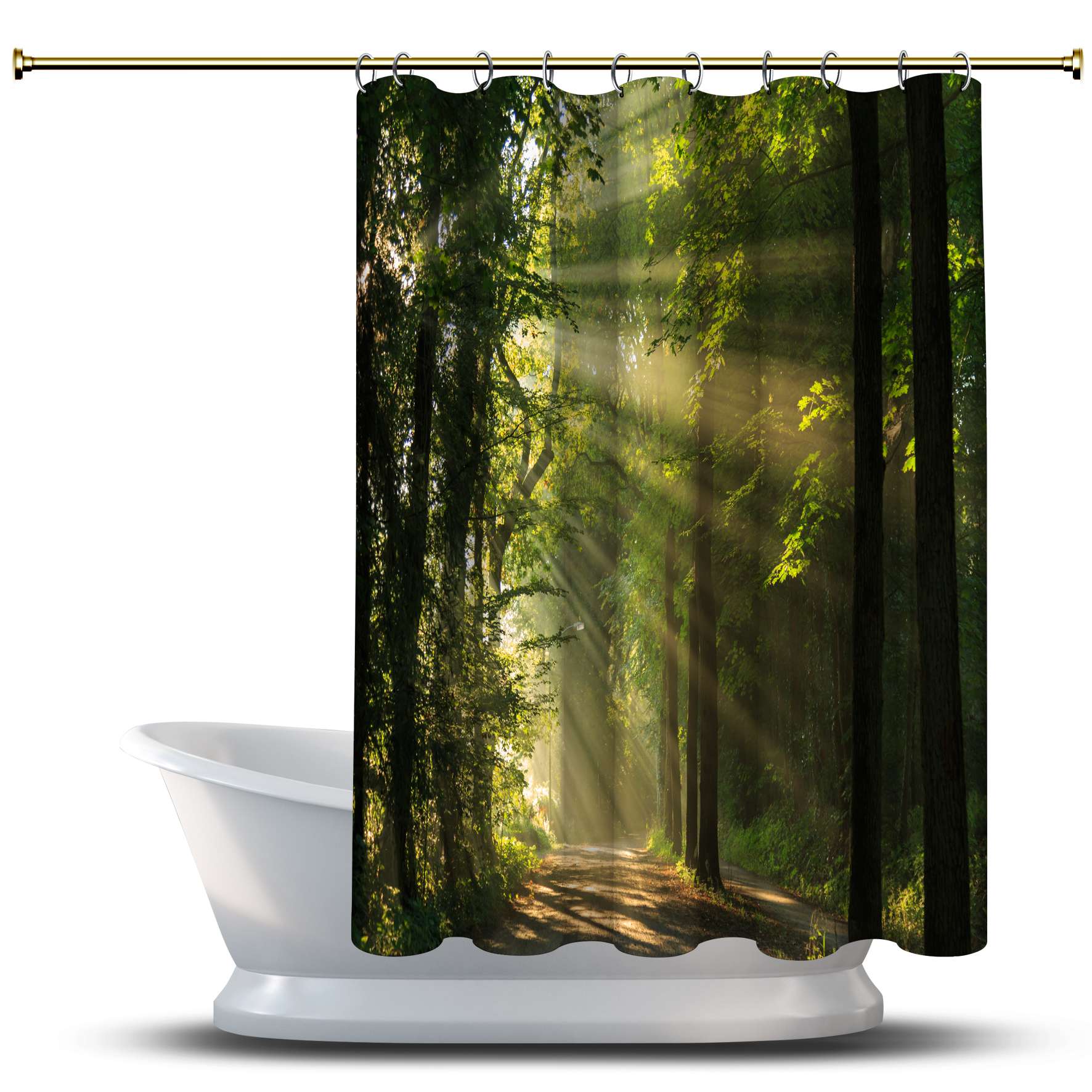 

Занавеска для душа с принтом леса / акварель для вашей ванны. Украшения для ванной комнаты - солнечный свет, пробивающийся сквозь деревья
